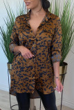 Brown Casual Print Patchwork Buckle Turndown Collar Tops