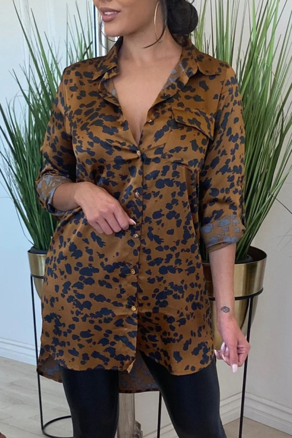 Brown Casual Print Patchwork Buckle Turndown Collar Tops