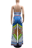 Blue Casual Print Patchwork V Neck Straight Jumpsuits