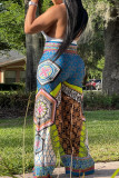 Blue Casual Print Patchwork V Neck Straight Jumpsuits