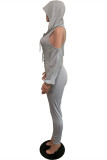 Grey Sexy Casual Solid Bandage Hollowed Out Hooded Collar Skinny Jumpsuits