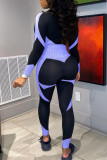 Blue Sportswear Print Patchwork Zipper Collar Skinny Jumpsuits