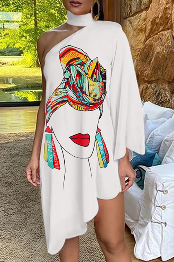White Casual Print Patchwork Halter Irregular Dress Dresses