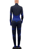 Blue Sportswear Print Patchwork Zipper Collar Skinny Jumpsuits