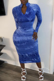 Pink Casual Solid Patchwork Zipper Collar Pencil Skirt Dresses