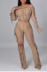 Khaki Sexy Solid Hollowed Out Patchwork Frenulum See-through Off the Shoulder Long Sleeve Two Pieces