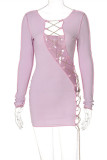Purple Fashion Sexy Solid Hollowed Out Chains Off the Shoulder Long Sleeve Dresses