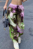 Purple Street Print Patchwork Loose High Waist Straight Full Print Bottoms