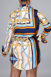 Blue Casual Print Bandage Patchwork Turndown Collar Tops