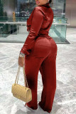 Army Green Sexy Solid Bandage Patchwork Buckle Turndown Collar Long Sleeve Two Pieces
