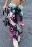 Purple Street Print Patchwork Loose High Waist Straight Full Print Bottoms