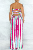 Rose Red Sexy Striped Print Hollowed Out Patchwork Backless Strapless Strapless Dress Dresses