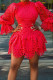 Red Elegant Solid Hollowed Out Patchwork Asymmetrical O Neck A Line Dresses