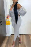 Grey Sexy Casual Solid Bandage Hollowed Out Hooded Collar Skinny Jumpsuits