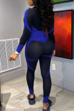 Blue Sportswear Print Patchwork Zipper Collar Skinny Jumpsuits