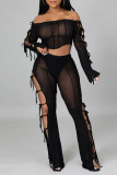 Black Sexy Solid Hollowed Out Patchwork Frenulum See-through Off the Shoulder Long Sleeve Two Pieces