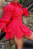 Red Elegant Solid Hollowed Out Patchwork Asymmetrical O Neck A Line Dresses