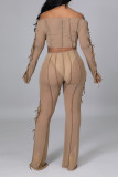 Black Sexy Solid Hollowed Out Patchwork Frenulum See-through Off the Shoulder Long Sleeve Two Pieces