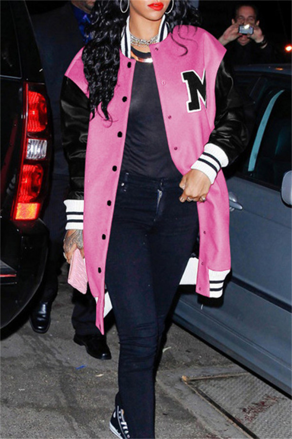Pink Fashion Casual Patchwork Letter Outerwear