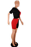 Black and red Casual adult Fashion Solid Patchwork Two Piece Suits Straight Short Sleeve