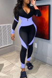 Blue Sportswear Print Patchwork Zipper Collar Skinny Jumpsuits