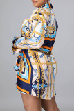 Blue Casual Print Bandage Patchwork Turndown Collar Tops