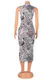 Brown Sexy Print Hollowed Out O Neck Pencil Skirt Dresses