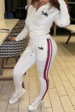 White Casual Print Patchwork Zipper Hooded Collar Long Sleeve Two Pieces