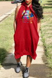Red Casual Print Patchwork Hooded Collar Straight Dresses