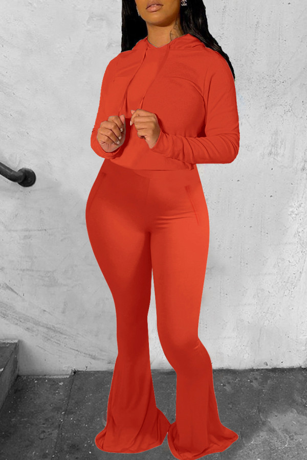 Orange Fashion Casual Solid Basic Hooded Collar Long Sleeve Two Pieces