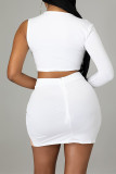 White Sexy Solid Patchwork See-through Asymmetrical O Neck Long Sleeve Two Pieces