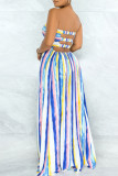 Rose Red Sexy Striped Print Hollowed Out Patchwork Backless Strapless Strapless Dress Dresses