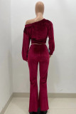 Coffee Fashion Casual Solid Basic Oblique Collar Long Sleeve Two Pieces