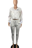 White Casual Print Patchwork Zipper Hooded Collar Long Sleeve Two Pieces