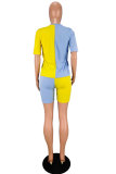 Yellow and blue Casual adult Fashion Solid Patchwork Two Piece Suits Straight Short Sleeve