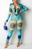 Blue Sexy Print Patchwork Turndown Collar Long Sleeve Two Pieces