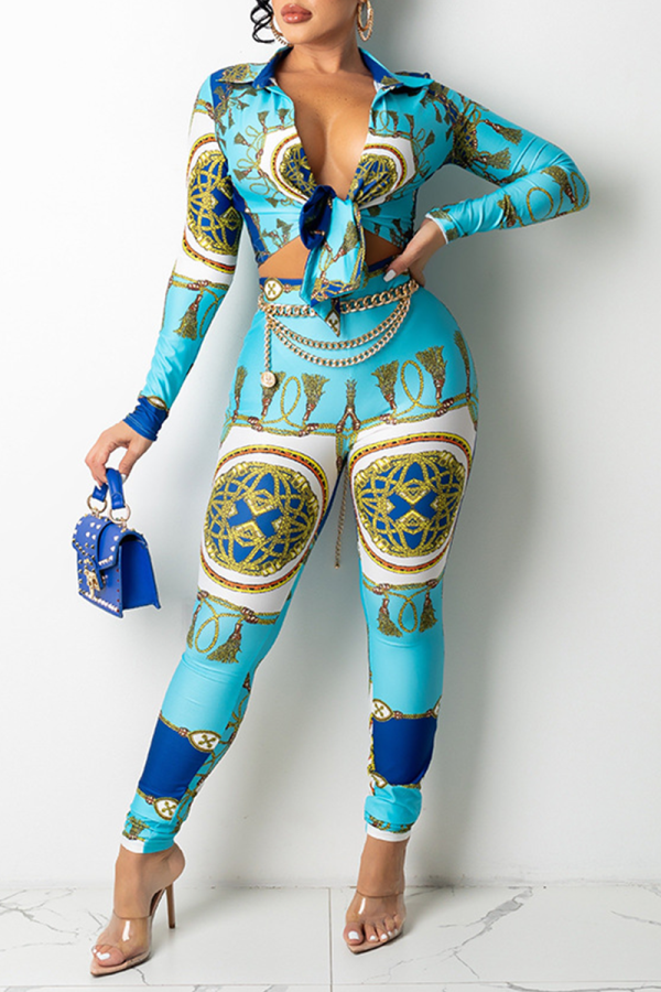 Blue Sexy Print Patchwork Turndown Collar Long Sleeve Two Pieces