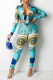Blue Sexy Print Patchwork Turndown Collar Long Sleeve Two Pieces