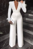 White Fashion Casual Solid Split Joint V Neck Jumpsuits