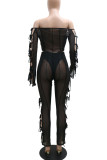 Black Sexy Solid Hollowed Out Patchwork Frenulum See-through Off the Shoulder Long Sleeve Two Pieces