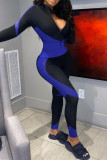 Blue Sportswear Print Patchwork Zipper Collar Skinny Jumpsuits