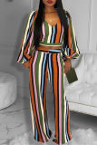 Orange Fashion Casual Striped Print Basic V Neck Long Sleeve Two Pieces
