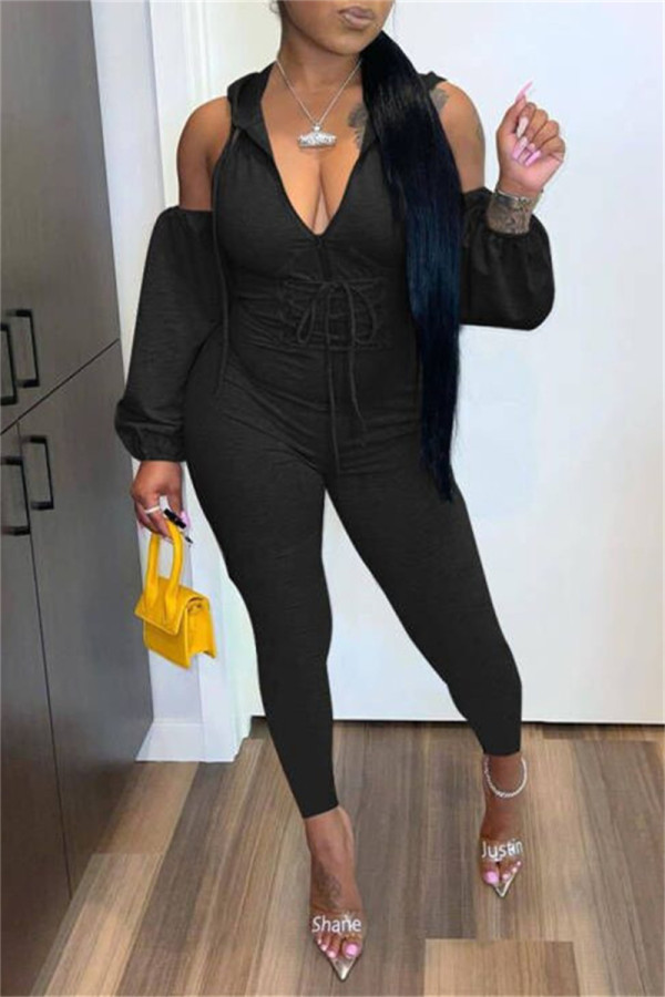 Black Sexy Casual Solid Bandage Hollowed Out Hooded Collar Skinny Jumpsuits