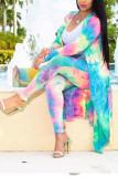 Blue Sexy Printing Cardigan Long Sleeve Trousers Suit