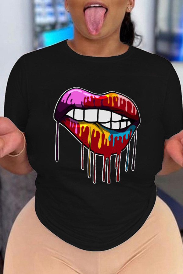 Black Casual Print Patchwork O Neck T-Shirts