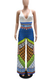 Blue Casual Print Patchwork V Neck Straight Jumpsuits
