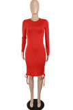 Red Sexy Solid Patchwork Draw String Fold O Neck Pencil Skirt Dresses