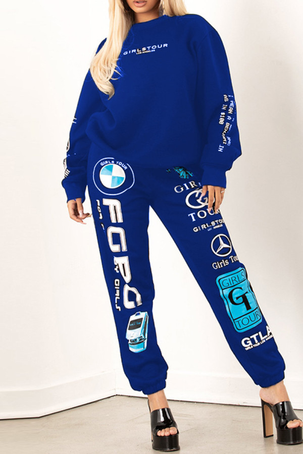 Blue Fashion Casual Print Basic O Neck Long Sleeve Two Pieces