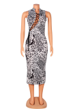 Brown Sexy Print Hollowed Out O Neck Pencil Skirt Dresses