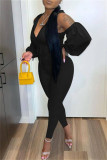 Grey Sexy Casual Solid Bandage Hollowed Out Hooded Collar Skinny Jumpsuits
